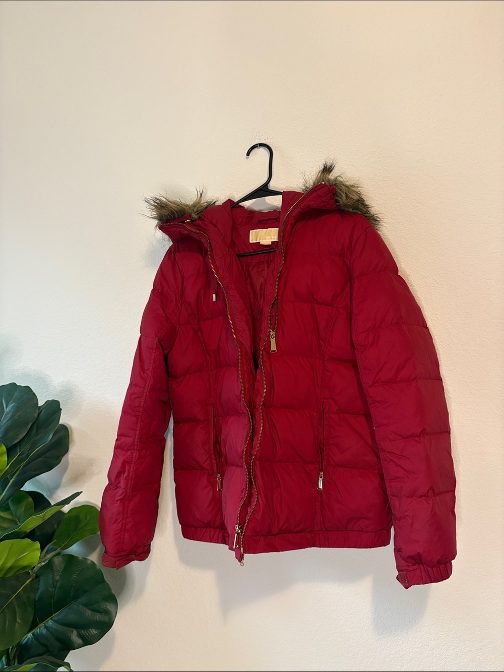 Michael Kors Red Quilted Hooded Puffer Jacket with Faux-Fur Trim
